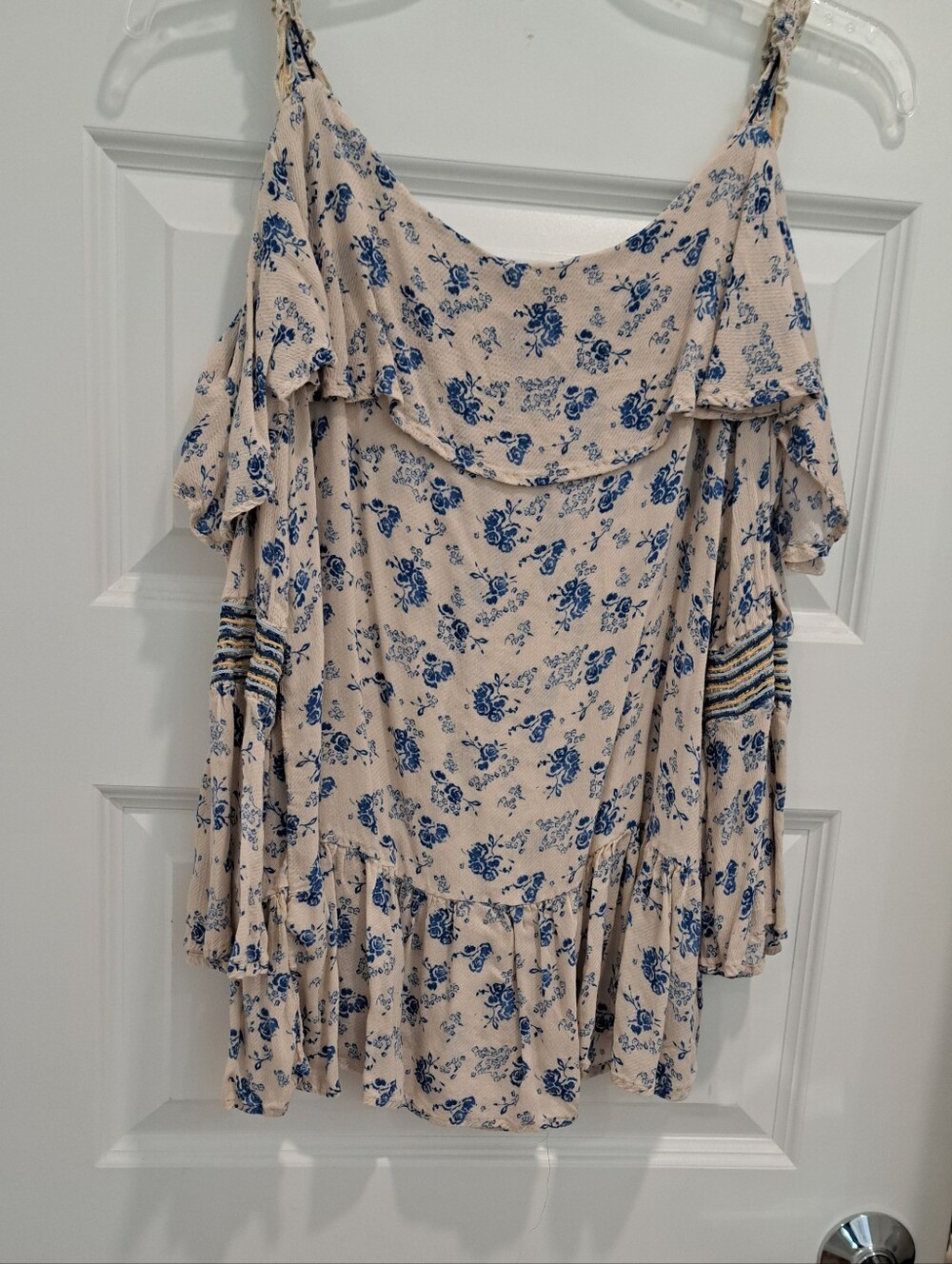 Off-Shoulder Floral Tiered Top in Cream and Blue